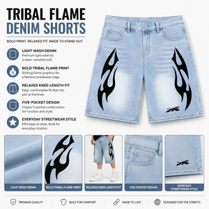 Shorts en jean pour homme avec impression graphique personnalisée, style streetwear Y2K, bleu clair, baggy, jorts, hip hop, tribal, coupe ample, longueur genou - Product Image 5