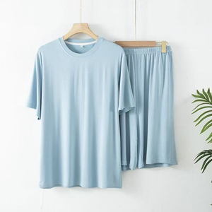 Men's <b>Light</b> Blue Short Sleeve Set Knitted Cotton Solid Color Casual Sleepwear Summer Breathable Soft Fabric Two Piece - Product Image 2