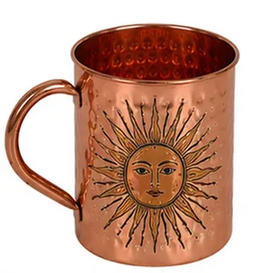 Taza de Cobre Puro Hecha a Mano con Grabado de Sol, Taza de Cobre Martillado para Beber, Taza de Agua Ayurvédica, Taza de Café de Cobre Rústico - Product Image 1