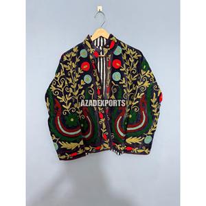 Hand Embroidered Velvet Bohemian <b>Jacket</b> <b>Mandarin</b> <b>Collar</b> Full Sleeve Floral Pattern Women's Winter Coat with Cotton Lining - Product Image 2
