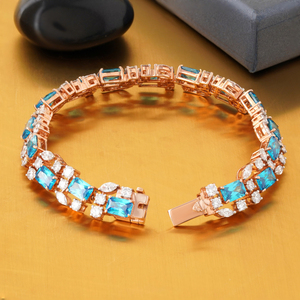 Bracelet tennis en or rose 14 carats avec 4,49 carats de diamants CZ bleus ronds et marquise cultivés en laboratoire – Accessoire de mode - Product Image 3