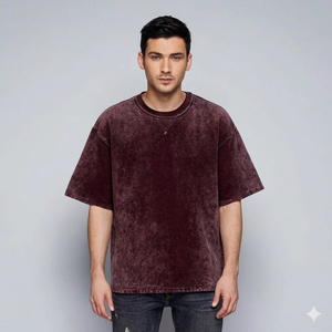 Men Oversized Crew Neck T-Shirt Solid Color Washed Cotton Loose Fit Short Sleeve Plain Dyed Top All Seasons Wear - Product Image 1