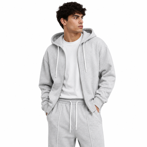 Conjuntos de sudadera con capucha y cremallera gris, chándales de invierno de forro polar oversize, fabricante de ropa con logotipo personalizado OEM ODM, chaqueta con capucha - Product Image 3