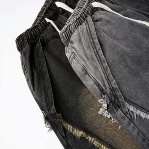 Pantalon de survêtement large gris délavé en denim pour homme, taille élastique avec cordon de serrage, style décontracté, déchiré et vieilli, en coton et fibre de bambou - Product Image 4