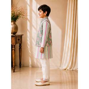 Ensemble Kurta Pajama pour homme Twisha-Xpressions, veste vert olive, manches longues, entièrement imprimé, coton, traditionnel, ethnique, pour fête, mariage - Product Image 3