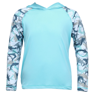 Light Blue Long Sleeve Hooded Fishing Shirt With Sublimation Print Pattern Anti <b>UV</b> <b>Protection</b> UPF 50 Polyester Material - Product Image 5