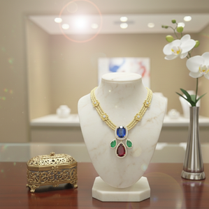 Collar vintage de 16 pulgadas con múltiples piedras preciosas, azul ovalado, verde pera, granate, plata de ley 925, chapado en oro de 18 quilates, a precio de mayorista. - Product Image 1