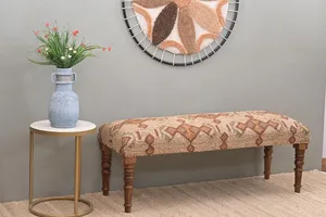 Banco Otomano Kilim Hecho a Mano con Asiento Tapizado de Yute y Madera, Banco de Entrada Tradicional, Reposapiés Rústico para Decoración del Hogar - Product Image 2