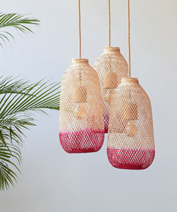 Pink Bamboo <b>Cluster</b> Pendant <b>Light</b> Triple Drop Ceiling Lamp Hand Dyed Flexible Lampshade Boho Lighting Supplier - Product Image 4