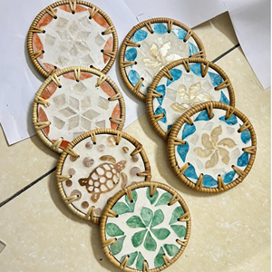 Rattan Coasters and place <b>mat</b>·with mother of pearl inlay woven rattan shell material for beverage coaster and <b>table</b> decor - Product Image 1