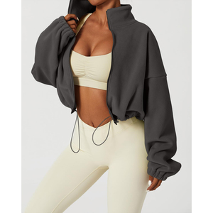 Sudadera de Forro Polar Oversize para Mujer, con Cierre, Cuello Alto, Hombros Caídos, Manga Larga, Estilo Corto, para Invierno, Color Sólido, OEM ODM - Product Image 3