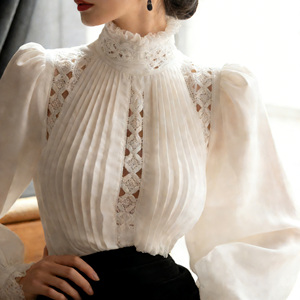 Vente flash sur la chemise blanche à col haut et volants pour femme Temu, manches longues, décorations boutonnées, élégante, pour le bureau, le travail, ou le quotidien. - Product Image 4