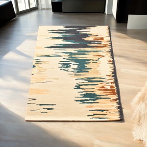 Tapis moderne en laine tufté à la main, motif abstrait reflet d'eau, crème beige vert sarcelle ocre, motif glitch, tapis 3D doux - Product Image 1