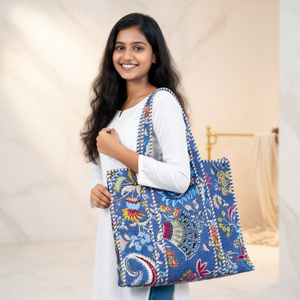 Bolso Tote Azul Hecho a Mano con Estampado, Bolso de Hombro Acolchado de Algodón Ecológico con Asa a Rayas, Bolso Obra Maestra de Alta Costura - Product Image 4