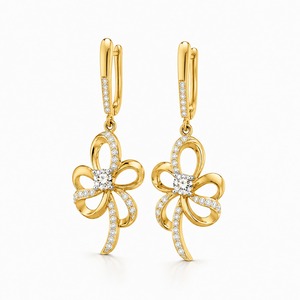 Pendientes de Lujo con Flores de Oro Amarillo y Diamantes Redondos con Corte Brillante en Pavé, Joyería de Boda para Mujer - Product Image 1