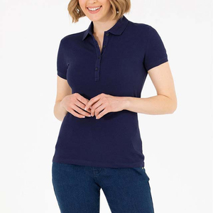 Polo Azul Marino para Mujer, Manga Corta, Color Sólido, Tejido de Punto Informal, Largo Regular, Transpirable, Estilo Jersey - Product Image 3
