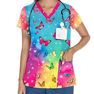 Women's Colorful Butterfly Print <b>Scrub</b> Top Short Sleeve V-Neck Hospital <b>Uniform</b> Blouse Polyester Woven - Product Image 3