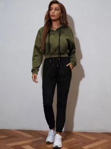 Sudadera Corta Verde Oliva para Mujer, Manga Larga, Color Sólido, Felpa, Informal, con Bolsillos, para Otoño - Product Image 5