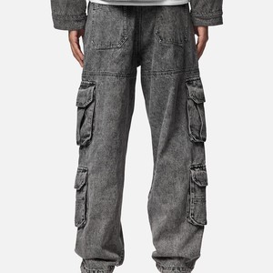 กางเกงยีนส์ฮิปฮอปทรงหลวมสไตล์วินเทจสำหรับผู้ชาย OEM แบบ Stonewash  มีกระเป๋าหลายช่อง สไตล์คาร์โก้ ผ้ายีนส์ฟอกสี กางเกงดีไซน์เนอร์สั่งทำพิเศษ - Product Image 4