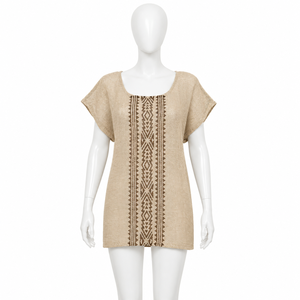 Tunique bohème beige pour femme, broderie géométrique, manches courtes, en coton, décontractée, pour l'été, la plage, les vacances, les festivals, coupe ample - Product Image 1