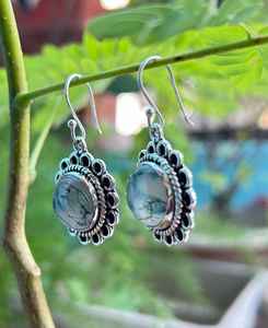 Boucles d'oreilles pendantes en argent sterling avec agate mousse, pierre précieuse ronde, faites à la main, bijoux de fête, mode féminine, joaillerie fine - Product Image 2