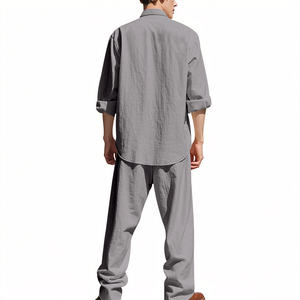 Service OEM d'usine – Ensemble décontracté en lin pour homme, style américain toutes saisons, chemise à manches longues et pantalon amples - Product Image 2