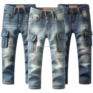 กางเกงยีนส์ขาตรงมีซิปสำหรับเด็กผู้ชายกางเกงยีนส์ผ้าฝ้ายแบบมีกระเป๋าหลายช่อง - Product Image 3