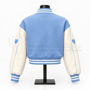 <b>Women</b>’s Blue Cropped <b>Varsity</b> <b>Jacket</b> With Floral Embroidery Heart Detail Letterman <b>Bomber</b> <b>Jacket</b> Streetwear - Product Image 2