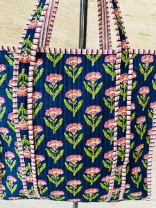 Bohemian Quilted Cotton Tote <b>Bag</b> <b>Navy</b> Floral Print Open Top Shoulder Handbag Lightweight Cotton Tote Vintage Floral Tote <b>Bag</b> - Product Image 3