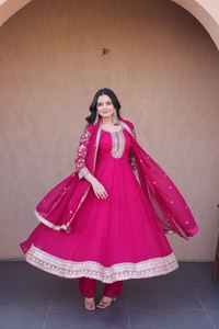TENNECY Women's Fancy Design Anarkali Gown-Pant Dupatta Set Faux Blooming Embroidery Zari <b>Sequins</b>-work Quick Dry Wrinkle Free - Product Image 3