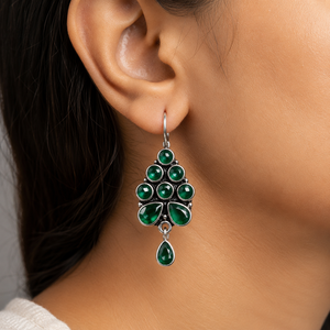 Pendientes Colgantes de Plata Oxidada con Diseño Floral Étnico Bohemio y Racimo de Piedras de Ónix, para Pedidos al por Mayor, Suministro Directo de Fábrica - Product Image 1