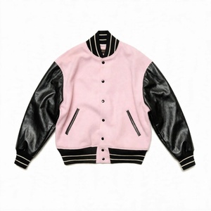 Chaqueta Varsity Rosa de Lana con Mangas de Cuero Negro y Ribete Acanalado a Rayas - Product Image 1