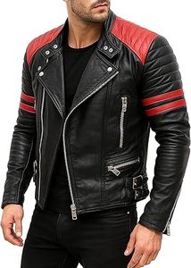 เสื้อแจ็คเก็ตหนังสีดำสไตล์คาเฟ่เรเซอร์แบรนด์ Brando สำหรับผู้ชาย แต่งดีเทลสีแดง คอตั้ง ปิดด้วยซิป ทรงมอเตอร์ไซค์ไบค์เกอร์ - Product Image 4