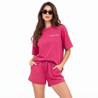 Ensemble décontracté pour femmes en coton 100% rose fuchsia, t-shirt et short, coupe ample, 2 pièces