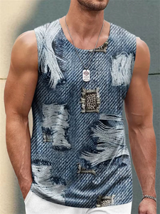 เสื้อกล้ามผู้ชายคุณภาพดี ลายกราฟิกสไตล์เรโทร แต่งผ้าเดนิม สำหรับฤดูร้อน แฟชั่นเสื้อแขนกุด พิมพ์ลาย 3 มิติ สไตล์ลำลอง - Product Image 1