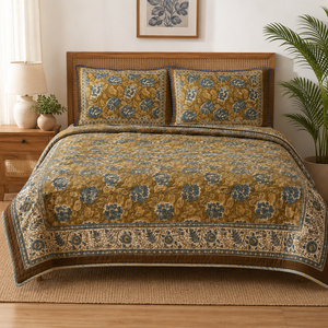 Vintage Floral Block Print Cotton Comforter Set – Brown Blue Handcrafted Quilted <b>Bedding</b> Collection Floral Printed Cotton Quilt - Product Image 3
