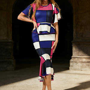 Vente flash sur Temu : ensemble élégant haut peplum et jupe sirène à imprimé géométrique, deux pièces pour femmes. - Product Image 1