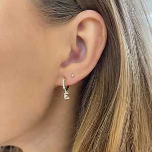 Initial <b>Dangle</b> Hoop <b>Earrings</b> 14K Solid Gold Pave Set Round Cut Lab Grown <b>Diamond</b> Huggie Elegant Everyday Fine Jewelry 10mm Hinge - Product Image 4