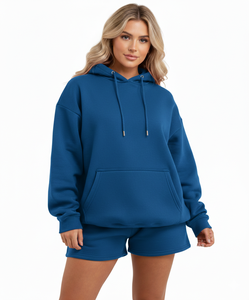 Ensemble sweat à capuche et short pour femme, manches longues, couleur unie, 100 % coton, haute qualité, style décontracté hiver, deux pièces, OEM ODM, best-seller - Product Image 3