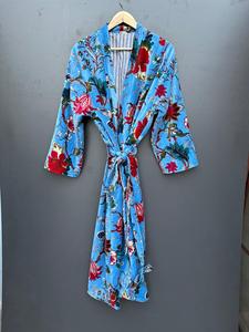 Robe longue à manches longues à imprimé floral, peignoir en tissu doux pour femmes, vêtements de nuit décontractés, style velours bleu - Product Image 1
