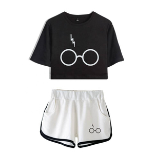 Women's Cropped T-Shirt & <b>White</b> Shorts Set Short Sleeve O-Neck Casual Spring Summer Knitted Cotton <b>2</b>-<b>Piece</b> Outfit - Product Image 6