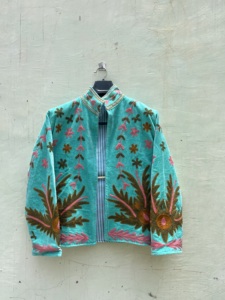 Abrigo Vintage de Terciopelo Turquesa con Bordado Floral, Cuello Mandarín, Manga Larga, Frente Abierto, Prenda Exterior Informal, Exterior de Algodón - Product Image 1