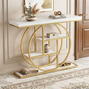 Consolle Moderna da 41 Pollici con 3 Ripiani Aperti in Rovere per Ingresso, Tavolo da Divano con Struttura in Metallo a Forma di O per Soggiorno e Corridoio - Product Image 1