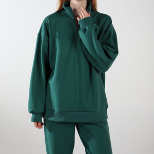 Sweat-shirt oversize pour femme, couleur unie, demi-zip, col montant, manches classiques, pour l'automne - Product Image 3