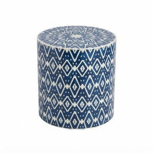 Indigo Blue Ikat Bone Inlay Coffee <b>Table</b> Modern Geometric Accent Stool Round <b>End</b> <b>Table</b> For <b>Living</b> <b>Room</b> Bedroom Home Decoration - Product Image 1