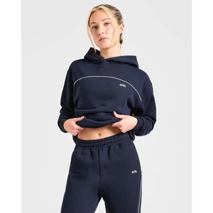 Women's <b>Black</b> Cropped Hoodie Solid Color Full Sleeve Casual Streetwear <b>Sweatshirt</b> with Logo Print Front Autumn Wear - Product Image 3