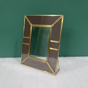 <b>Rectangular</b> Metal <b>Mirror</b> Frame With <b>Gold</b> Trim And Brown Glass Panels Vertical Design - Product Image 3