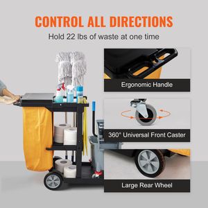 Carrello per Pulizie Professionale con 3 Ripiani e Copertura in PVC da 25 Galloni, Capacità 200 Libbre, Carrello in Plastica per Hotel - Product Image 6