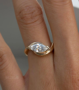 Anillo de diamantes cultivados en laboratorio de 0.1 ct con corte marquesa de orientación horizontal, de platino, con diseño de galería marquesa horizontal, impresionante - Product Image 3