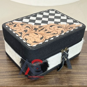 Luxury Hand Tooled Cowhide Leather Jewelry Organizer Case Western Black & White Checkered Travel Storage <b>Box</b> with Zipper Closure - Product Image 1